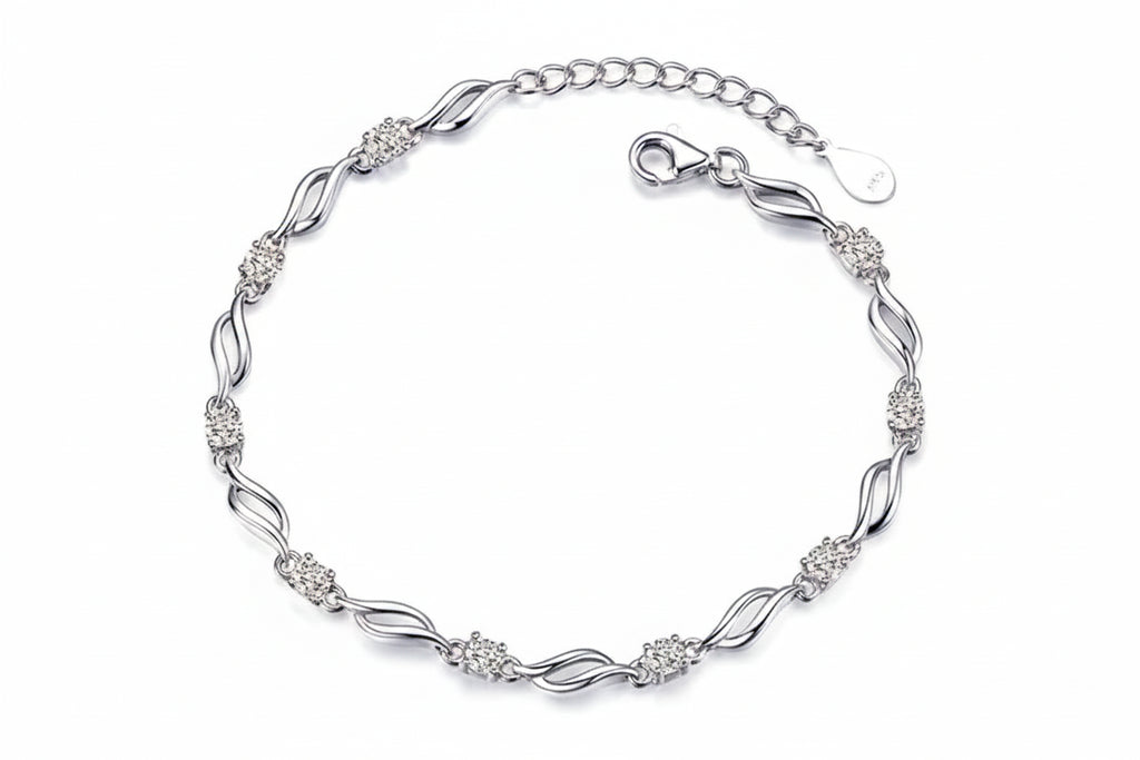 Chain Bracelet in 925 Sterling Silver with Clear or Purple Cubic Zirconia