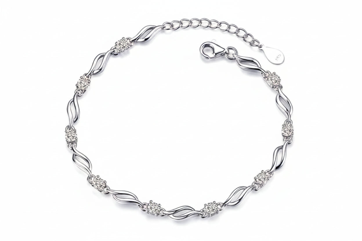Chain Bracelet in 925 Sterling Silver with Clear or Purple Cubic Zirconia