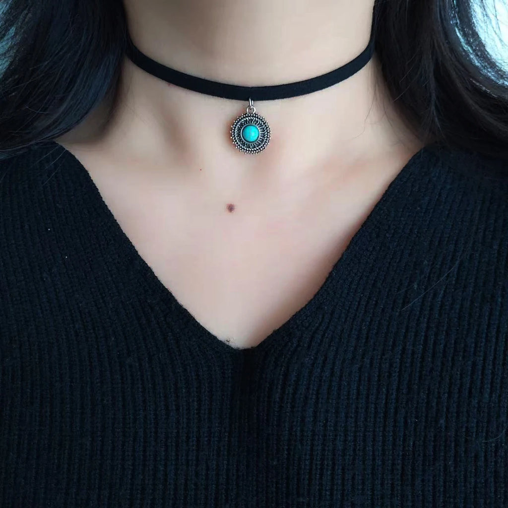 Boho Vamp Style Rope Choker Silver Plated Zinc Alloy Turquoise Pendant