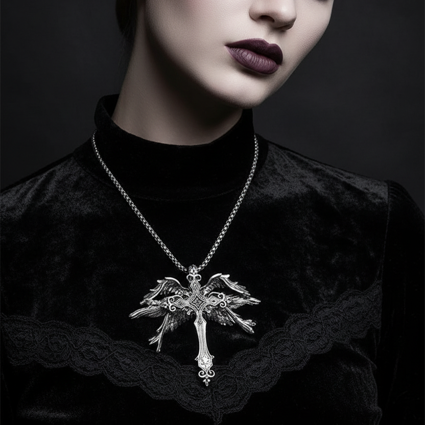Gothic Wings Cross Pendant Vintage Inspired Zinc Alloy Necklace