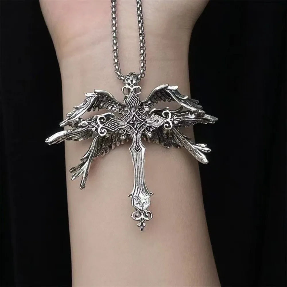 Gothic Wings Cross Pendant Vintage Inspired Zinc Alloy Necklace
