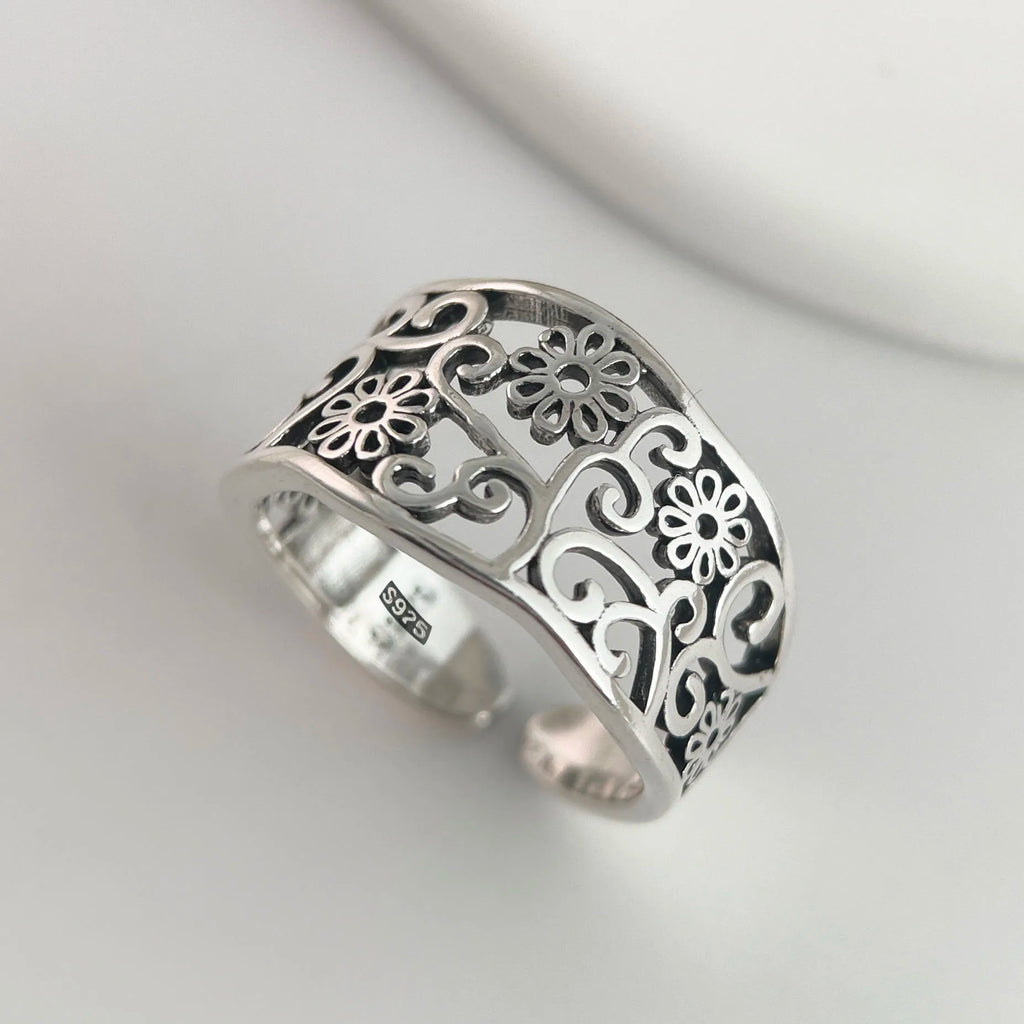 925 Sterling Silver Adjustable Flower Ring
