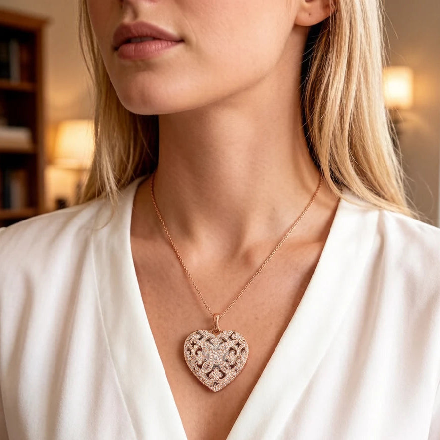 Rose Gold Plated Heart Locket in 925 Sterling Silver with Zircon Stones
