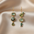 Asymmetric Long Dangle Golden Alloy Earrings with Green Stones