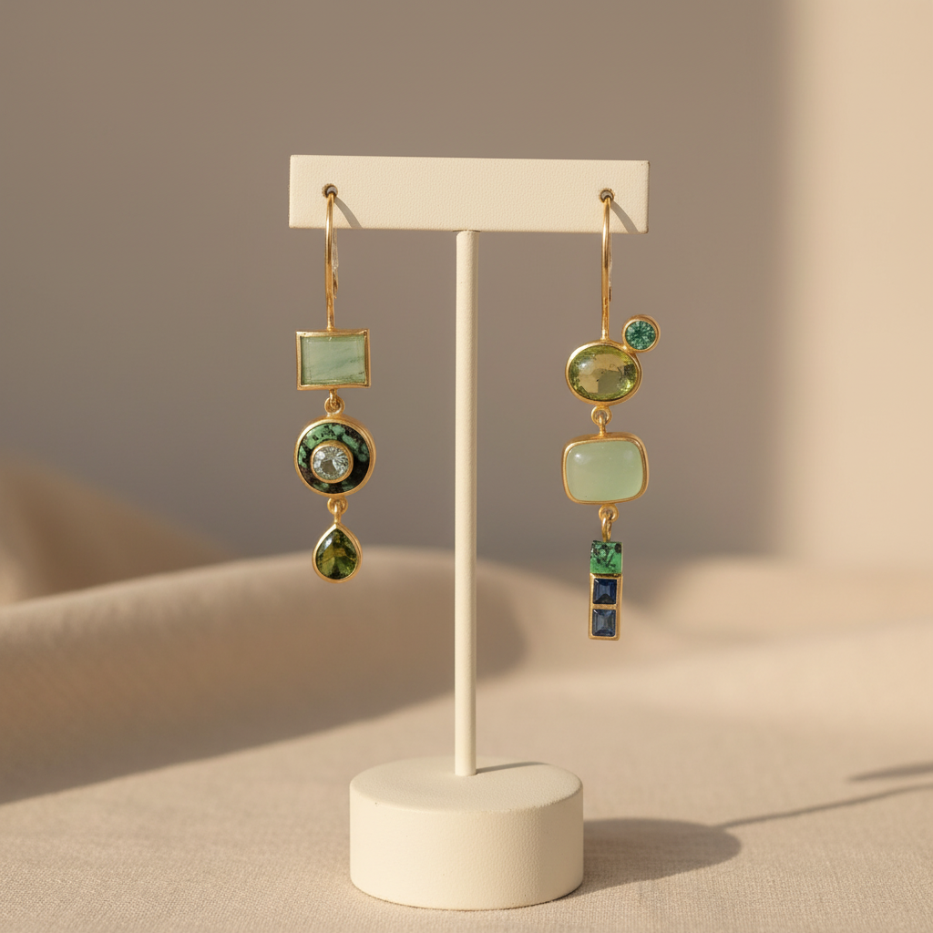 Asymmetric Long Dangle Golden Alloy Earrings with Green Stones