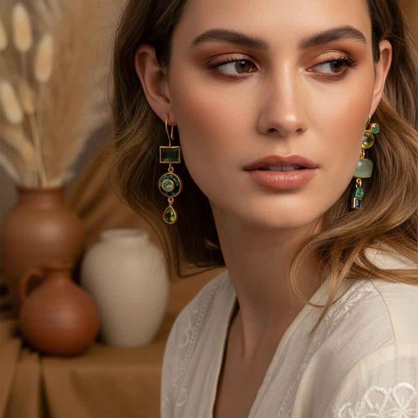 Asymmetric Long Dangle Golden Alloy Earrings with Green Stones
