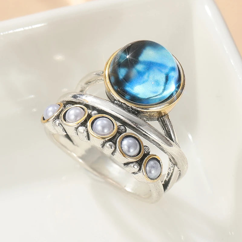 Two-Tone Double Ring with Faux Pearl Blue CZ Stone in Brass - Rare, Unique, Bold!