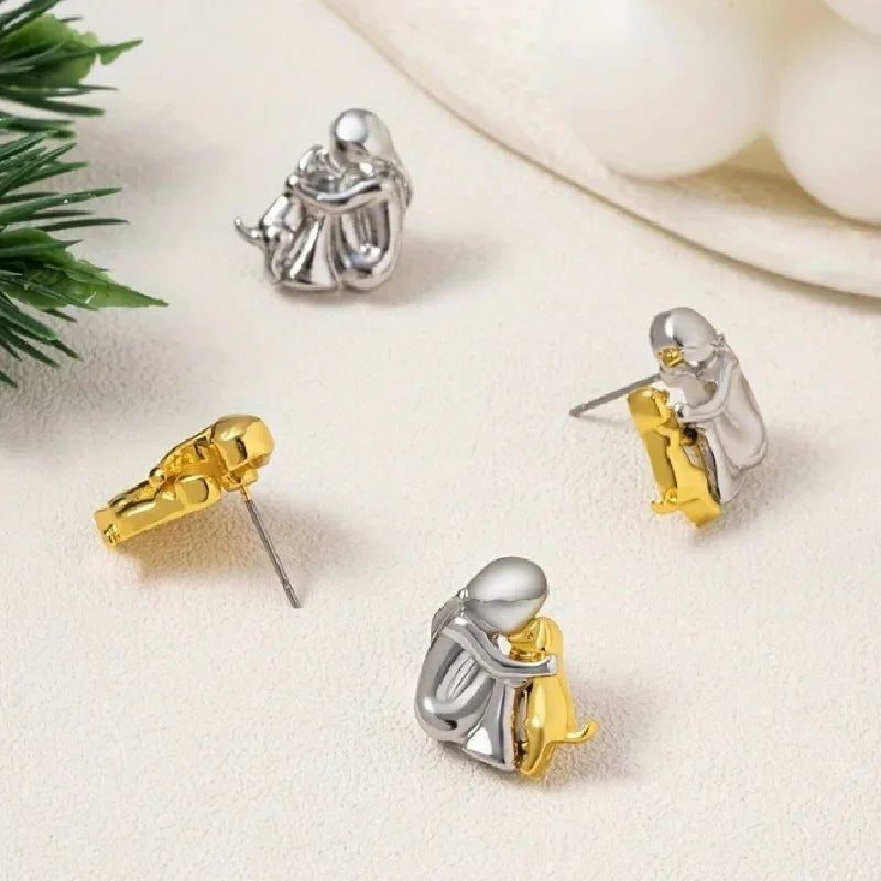 Two Tone Girl & Dog Hug Jewelry Set: Necklace & Earrings, Zinc Alloy