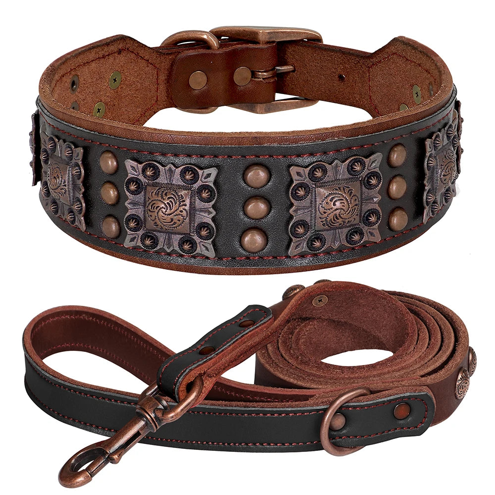 100% Leather Wide Collar Leash Set for Large Dogs - BOLD, STYLISH, VINTAGE
