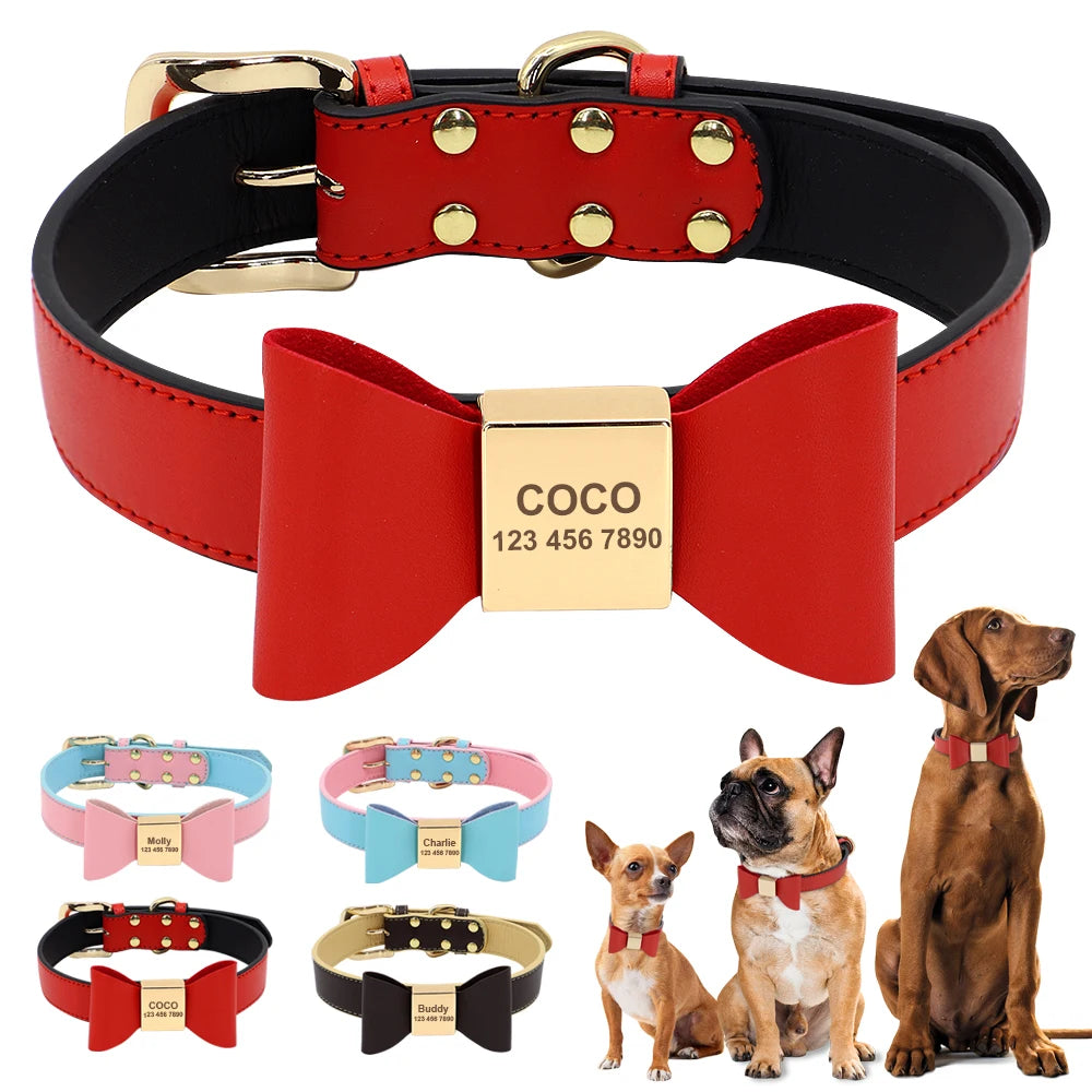Personalized Dog Name Bow Tie Collar in Soft PU Leather - Very Stylish!
