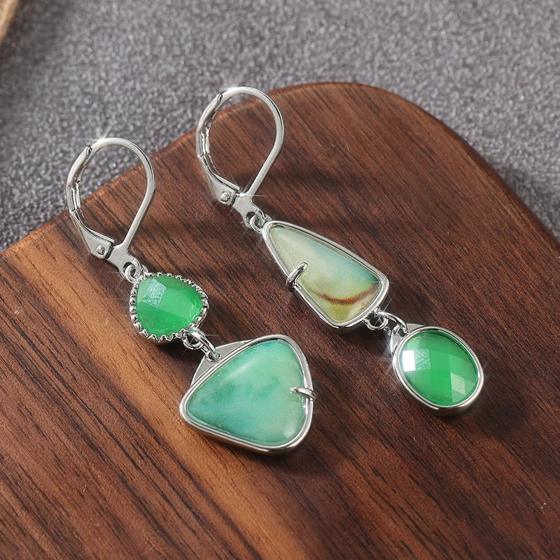 White Gold Plated Copper Green Stone Earrings - Boho, Asymmetric, Vintage Inspired