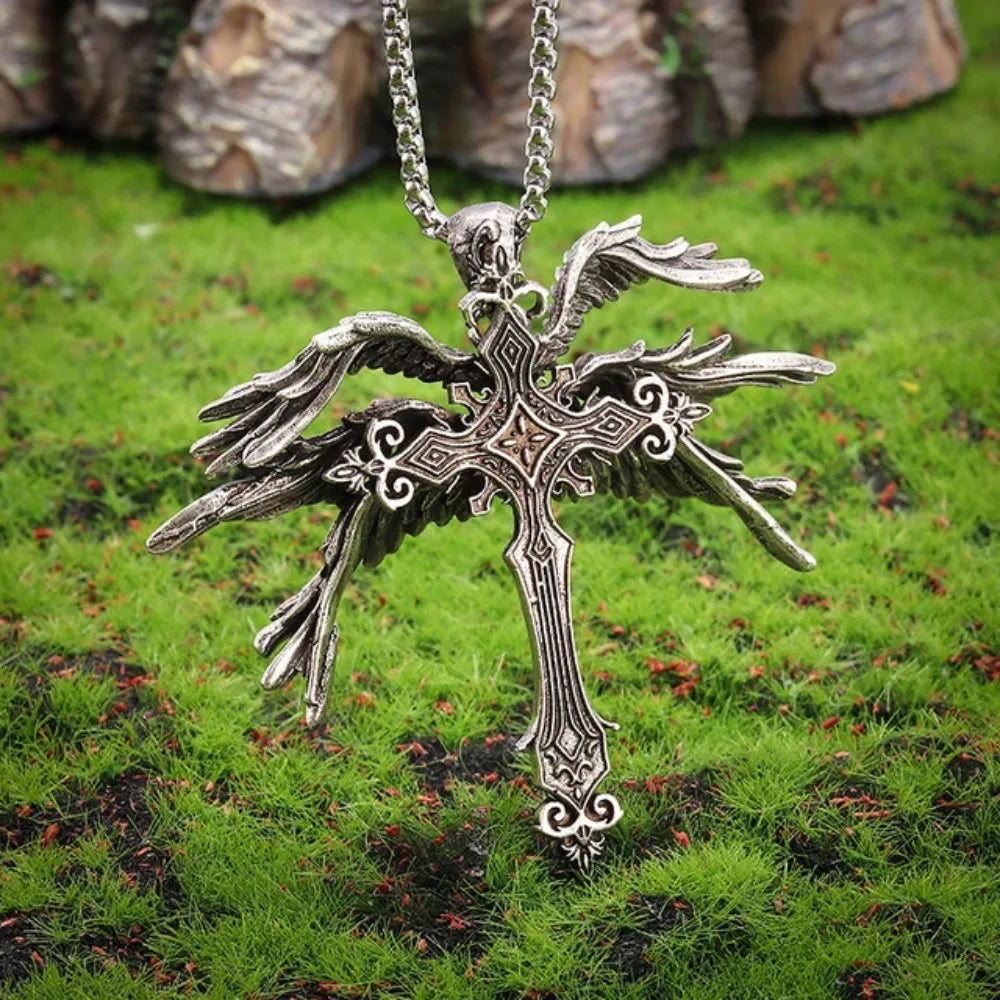 Gothic Wings Cross Pendant Vintage Inspired Zinc Alloy Necklace
