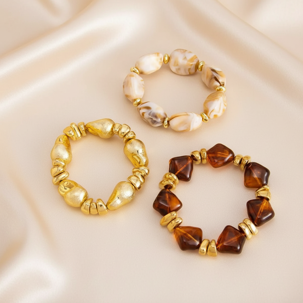 3 Pcs Set Acrylic Resin Copper Coated Bead Bracelets - Y2K Bohemian Uneven Various Forms