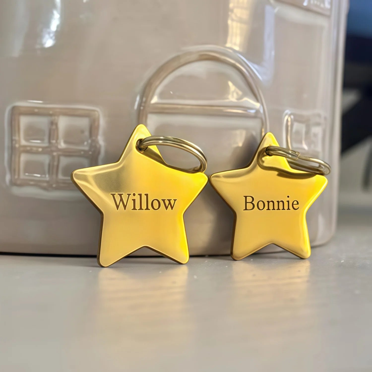 Thick Engraved Star Dog ID Tag Personalised Gold Tone Stainless Steel