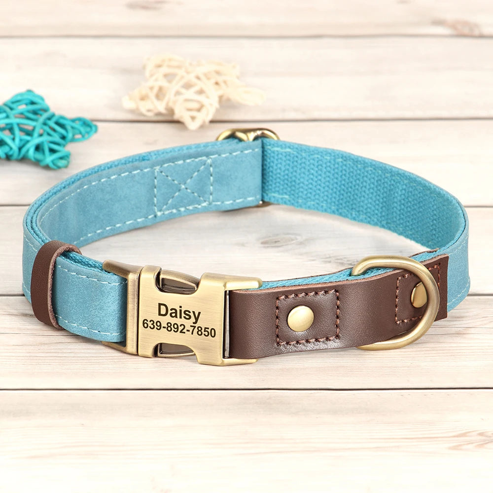 Faux Suede Leather Adjustable Dog Collar - Customize, Engrave, Name Tag, ID Necklace