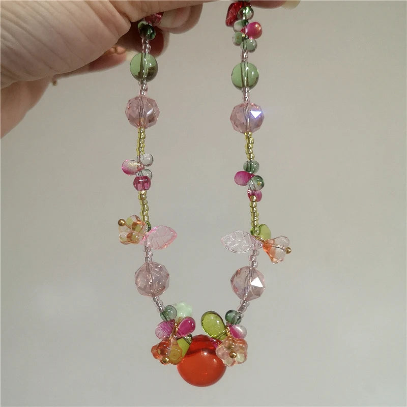 Resin Cherry Fruit Flower Bead Choker Necklace