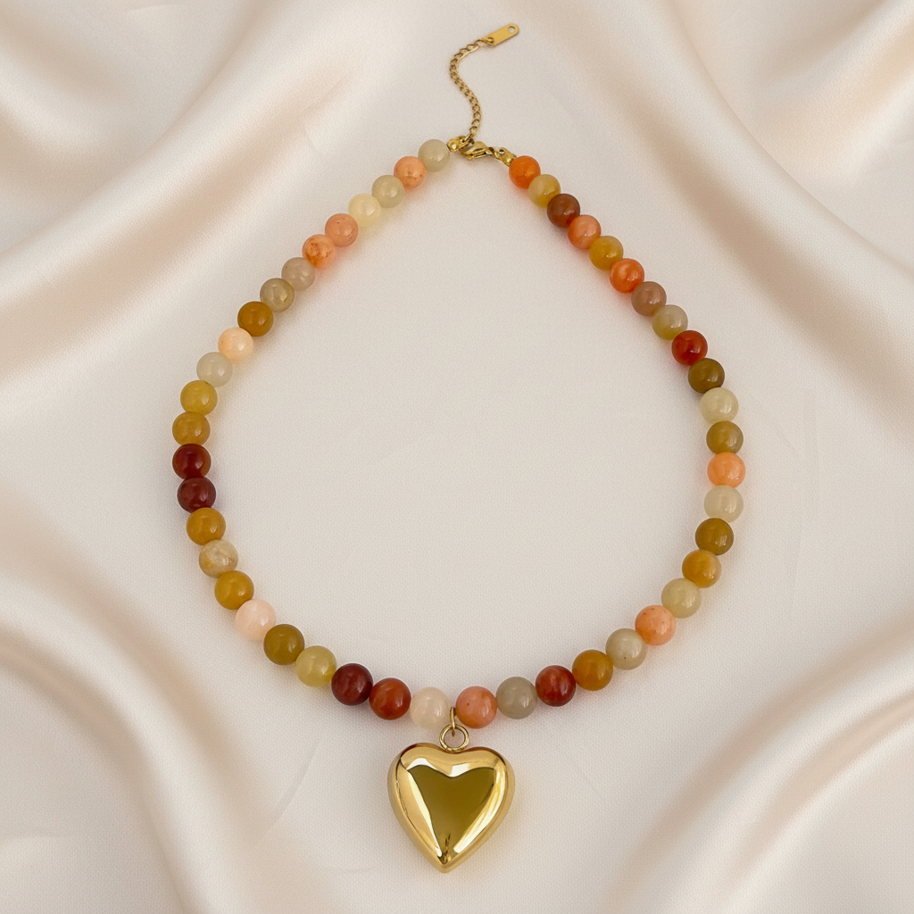18K Gold Plated Steel Necklace - Boho Brown/Orange Natural Stone Handmade Beaded