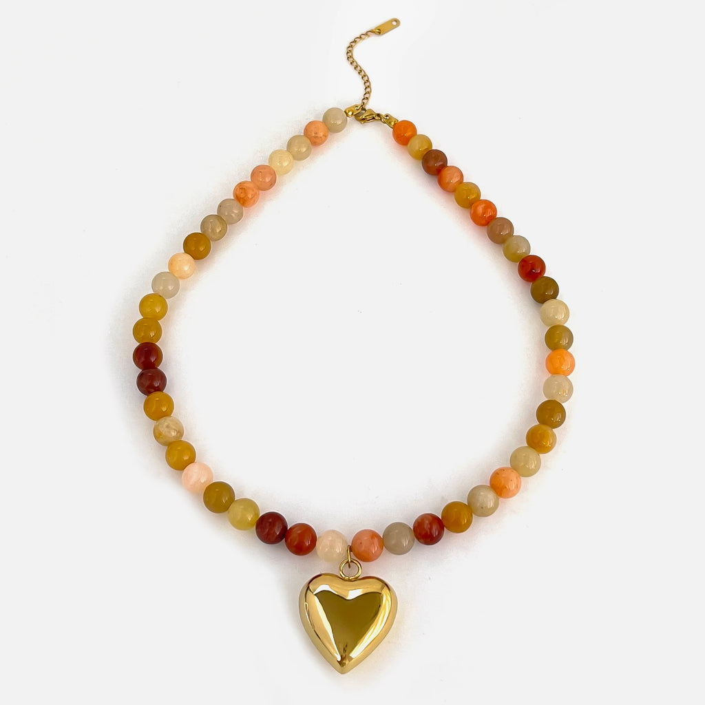 18K Gold Plated Steel Necklace - Boho Brown/Orange Natural Stone Handmade Beaded