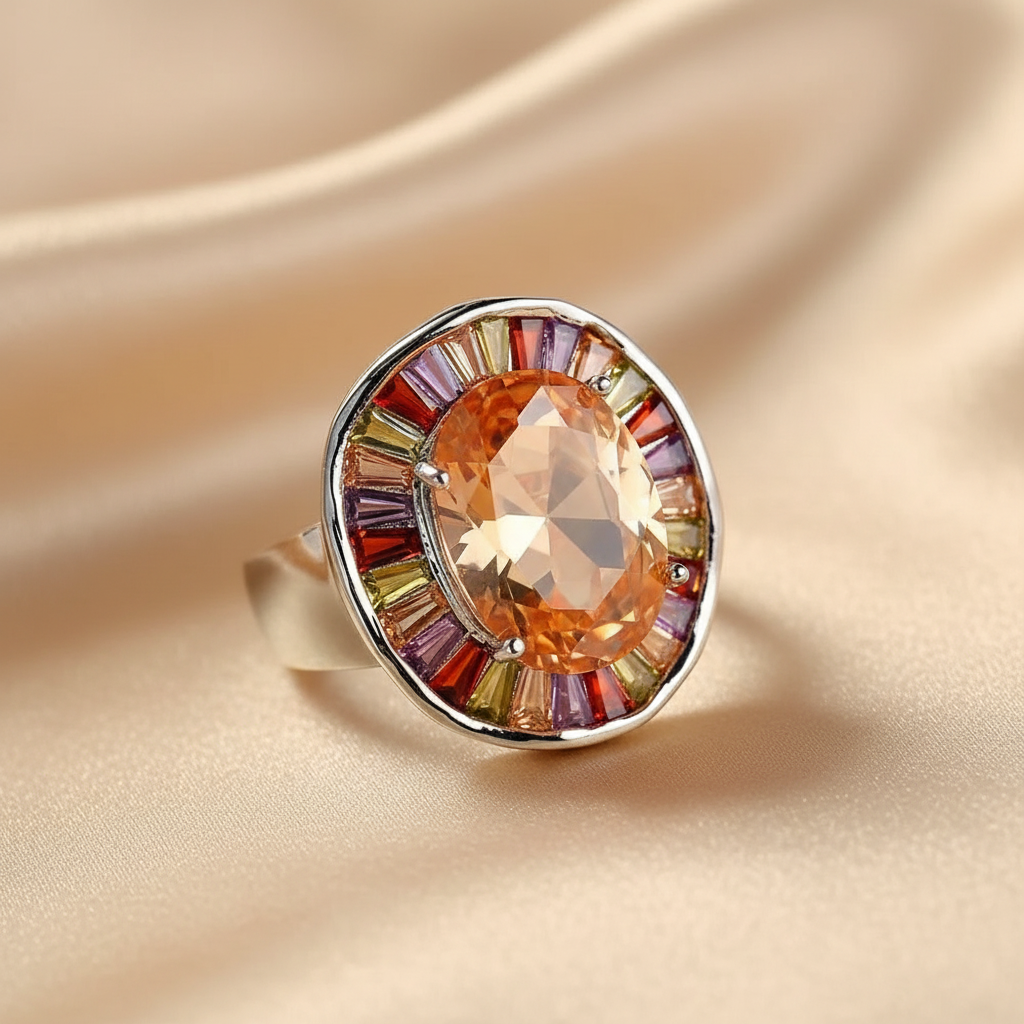 925 Sterling Silver Plated Copper Ring with Multicolored Stones - Bold, Attention, Cocktail Ring