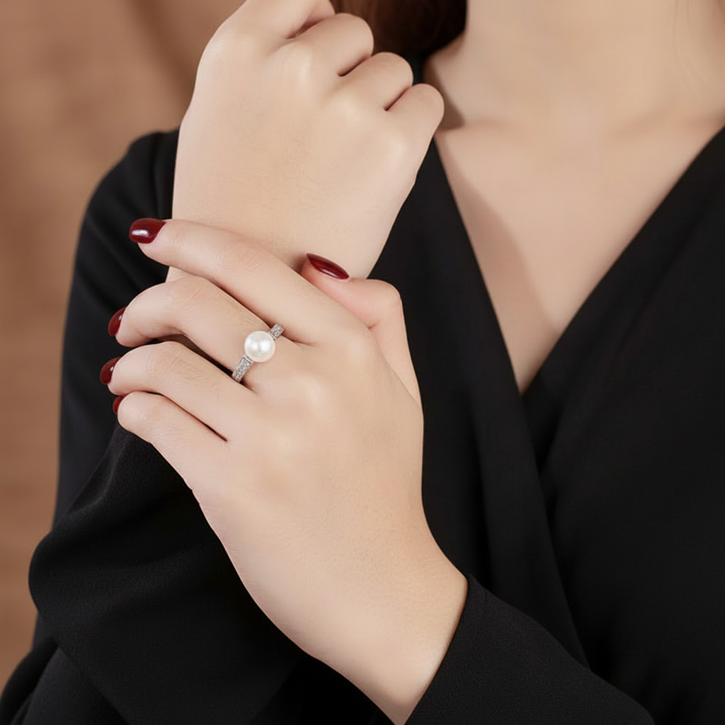 Genuine Freshwater Pearl Zircon Adjustable 925 Sterling Silver Ring