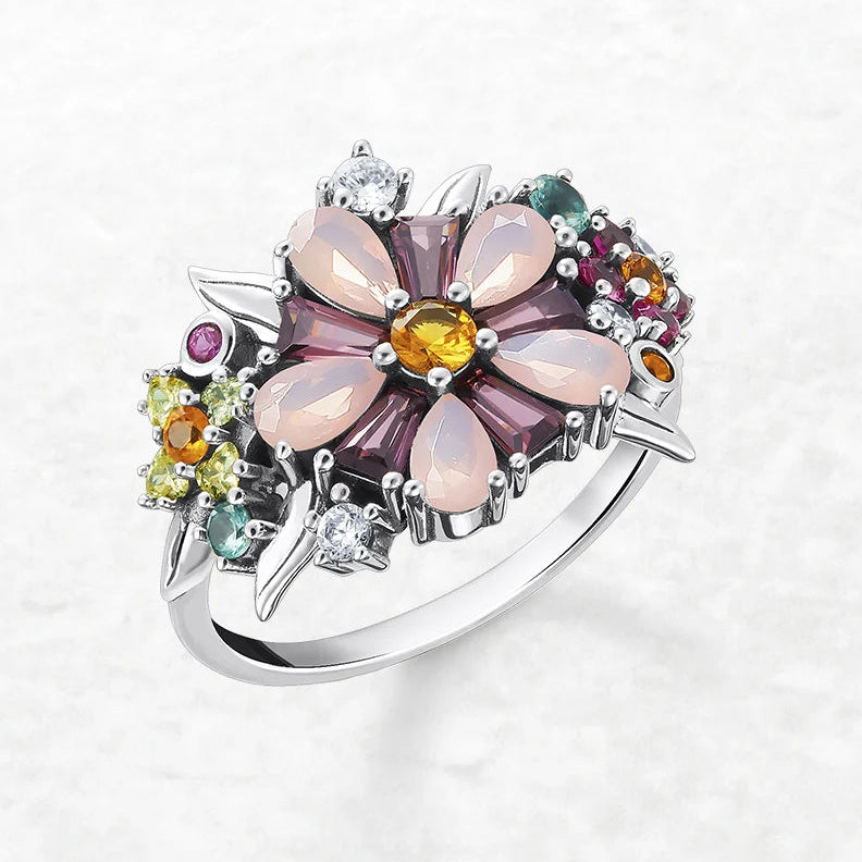 Daisy Flower Colorful Zircon Cocktail Ring in 925 Sterling Silver