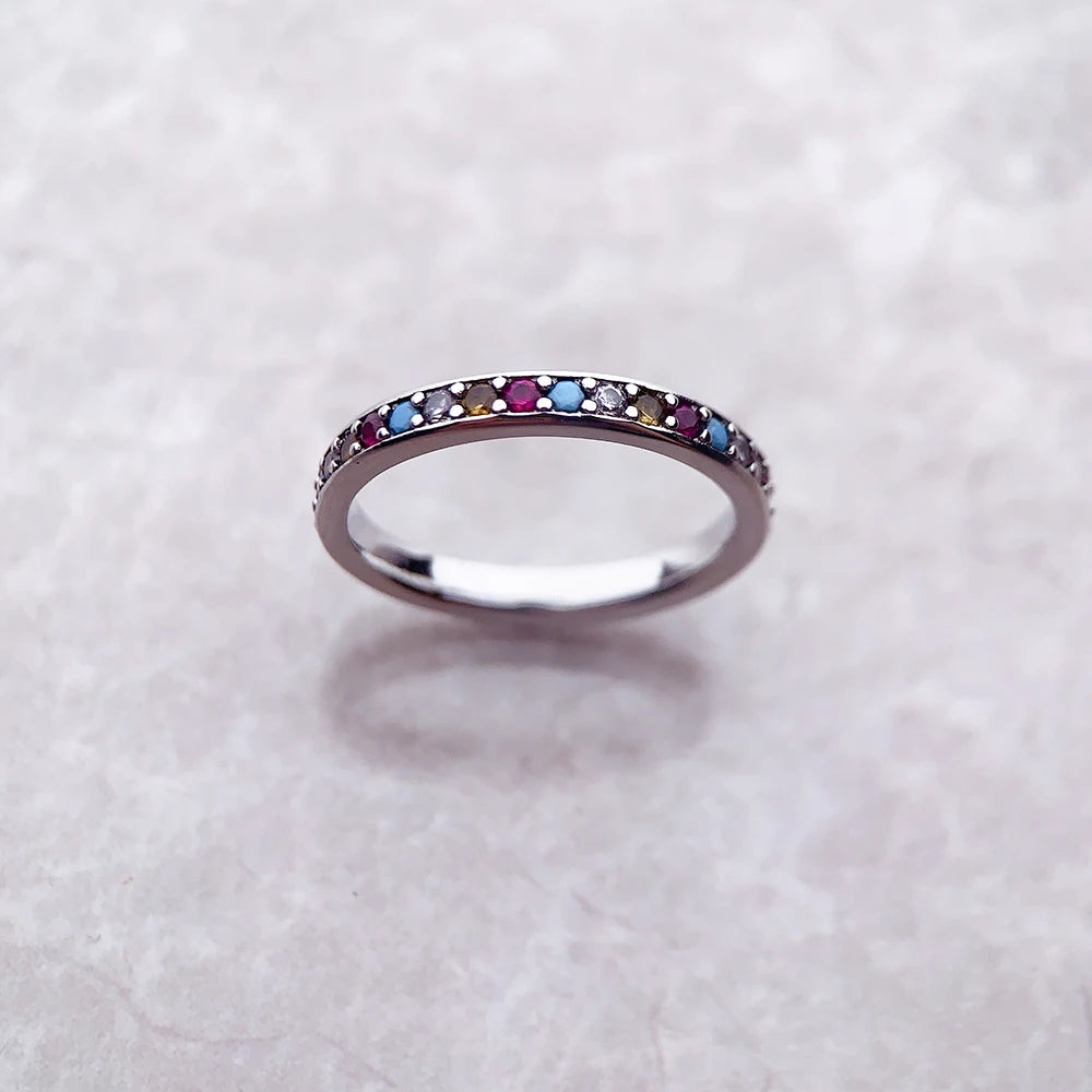Channel Band Ring in 925 Sterling Silver with Colorful Zircons