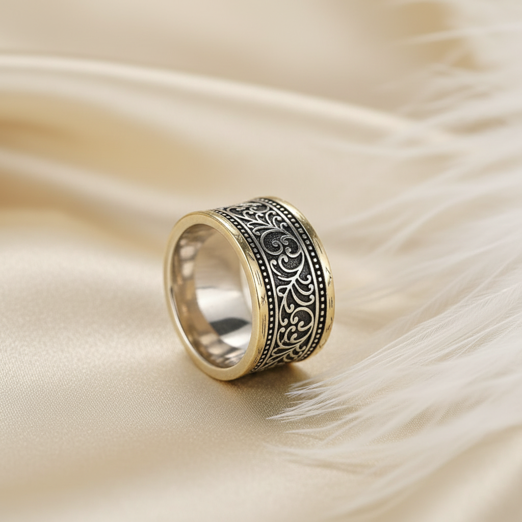 Two Tone Black Pattern Brass Band Ring - Bold, Statement Piece, Unique