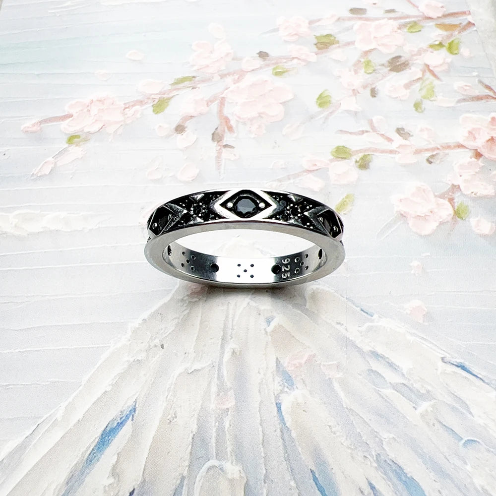 Ornament Band Ring in 925 Sterling Silver with Black Zircons