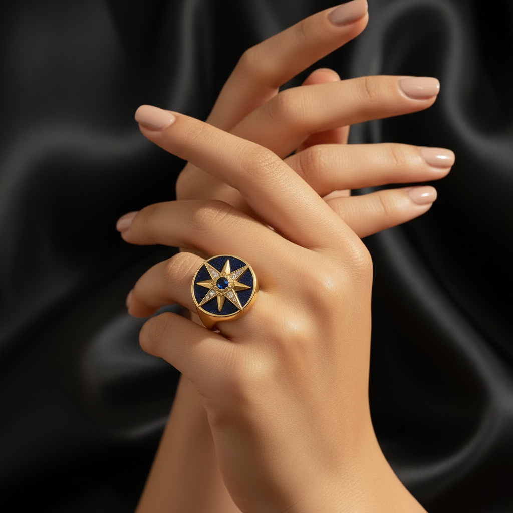 Golden Royalty Star Stamp Ring In 925 Sterling Silver with Zircon Stones