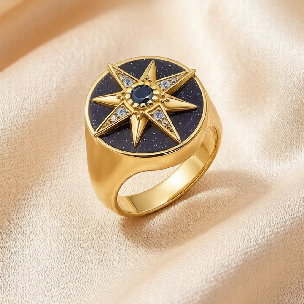 Golden Royalty Star Stamp Ring In 925 Sterling Silver with Zircon Stones