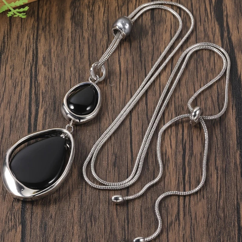 Large Black Stone Pendant Long Snake Alloy Necklace