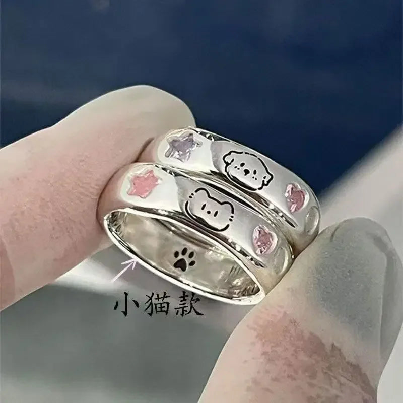 Cat & Dog Rings with Pink CZ Heart & Star - Buy a Set or Choose One, Made of Zink Alloy, Adjustable Size