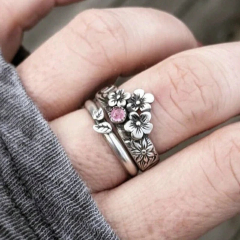 2pcs Retro Flower Leaf Pattern Stacking Pair Pink Zircon Zinc Alloy Ring