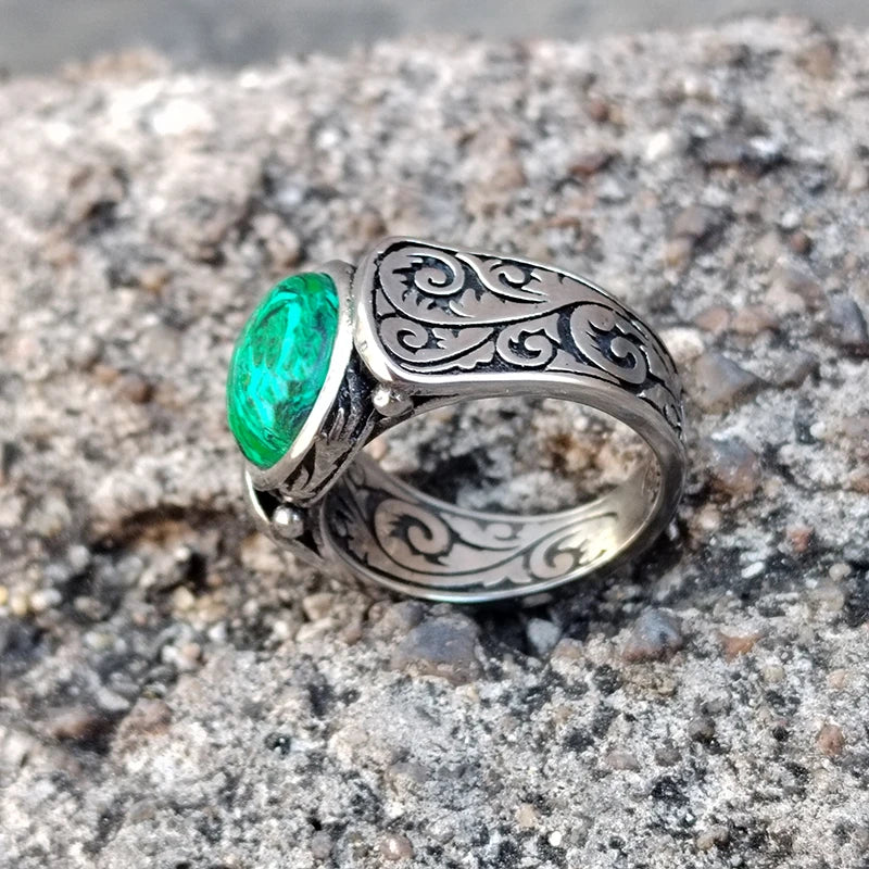 Antique Inspired Large Genuine Malachite Carved Stainless Steel Ring