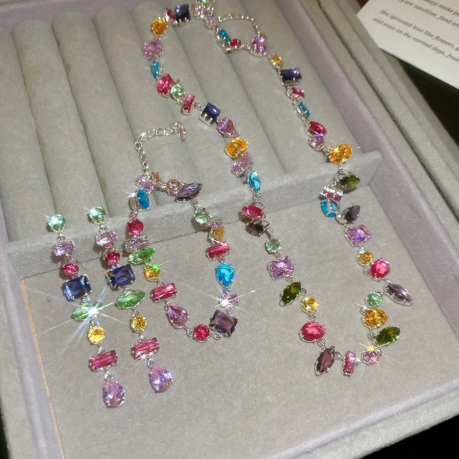 Colorful Zircon Crystal Necklace, Earrings & Bracelet in Zinc Alloy