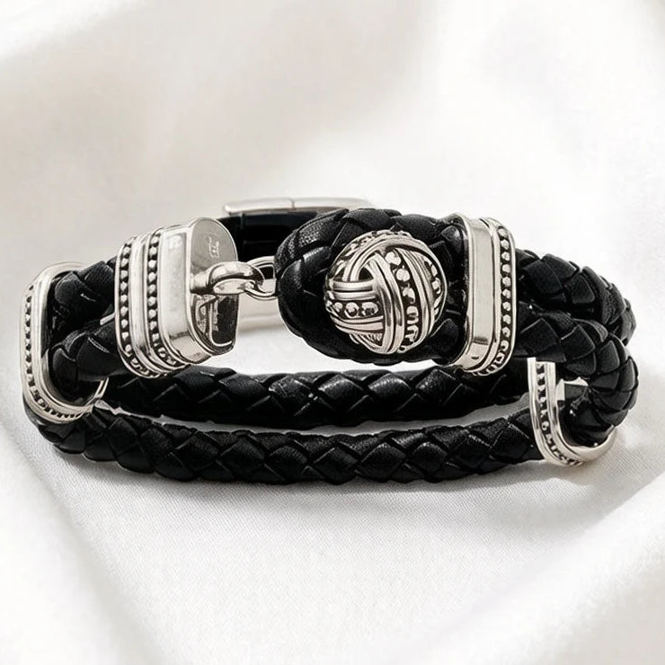 Rhodium Plated Stainless Steel Leather Rebel Punk Bracelet