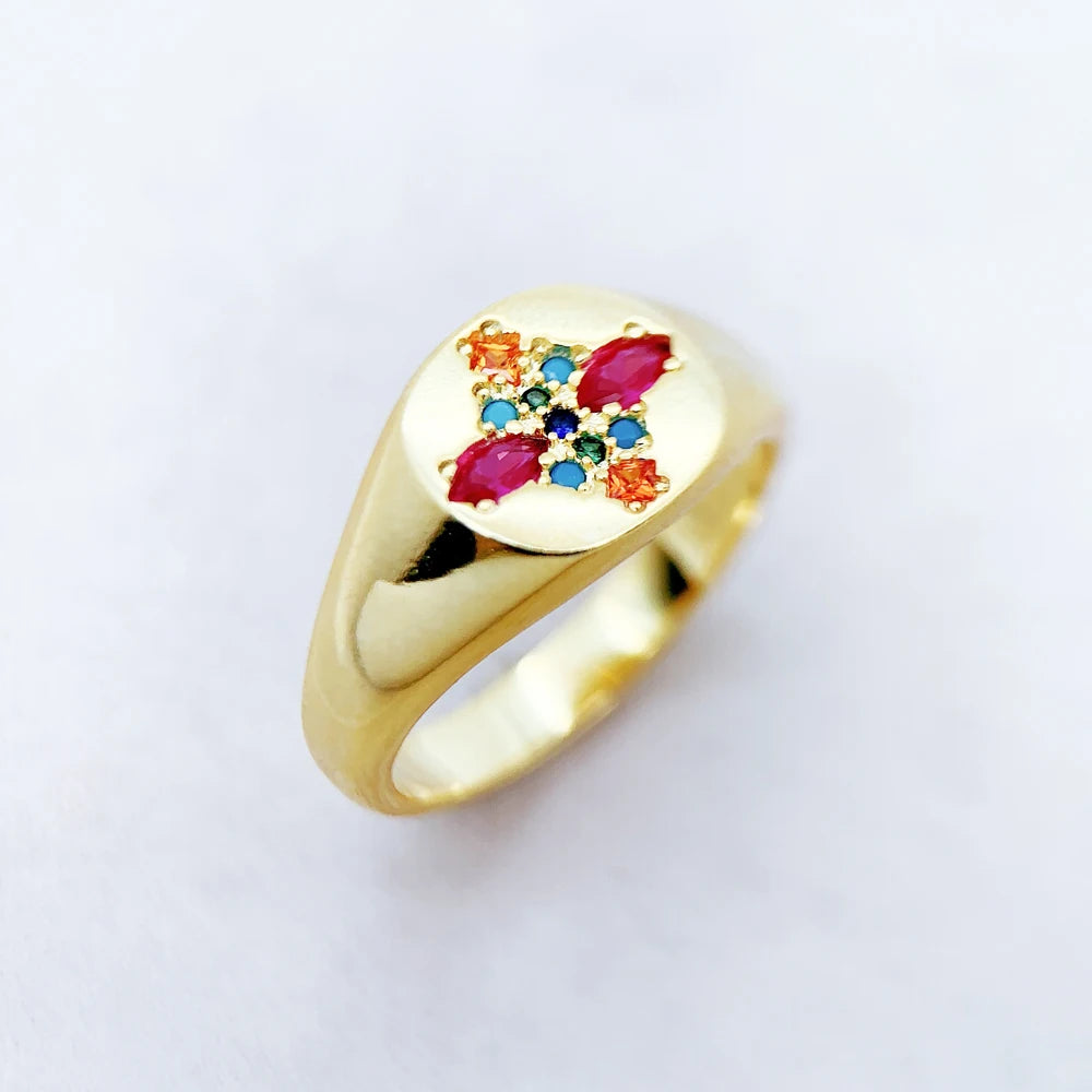 Gold Plated Colorful Stamp Ring in 925 Sterling Silver with Zircon Stones