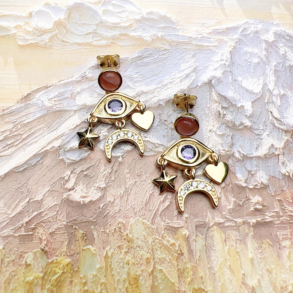 Cosmic Talismans Eye Star Moon Heart Drop Earrings in Sterling Silver with Zircons