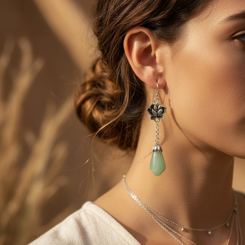 925 Sterling Silver Lotus Flower Jade Drop Earrings