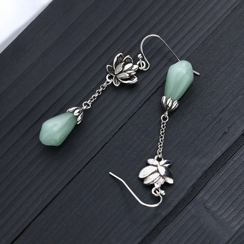 925 Sterling Silver Lotus Flower Jade Stone Drop Earrings