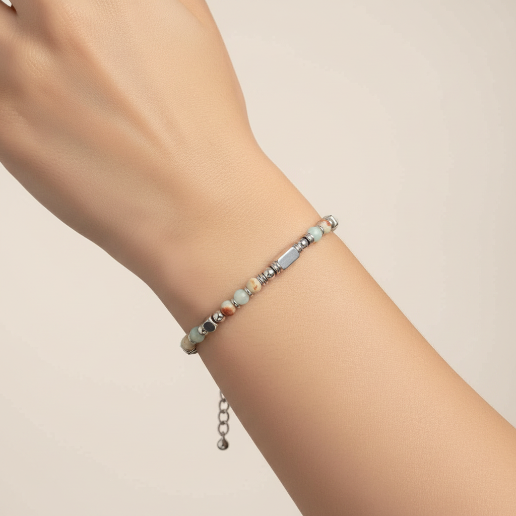 Lapis Lazuli Beaded Adjustable Bracelet in Stainless Steel