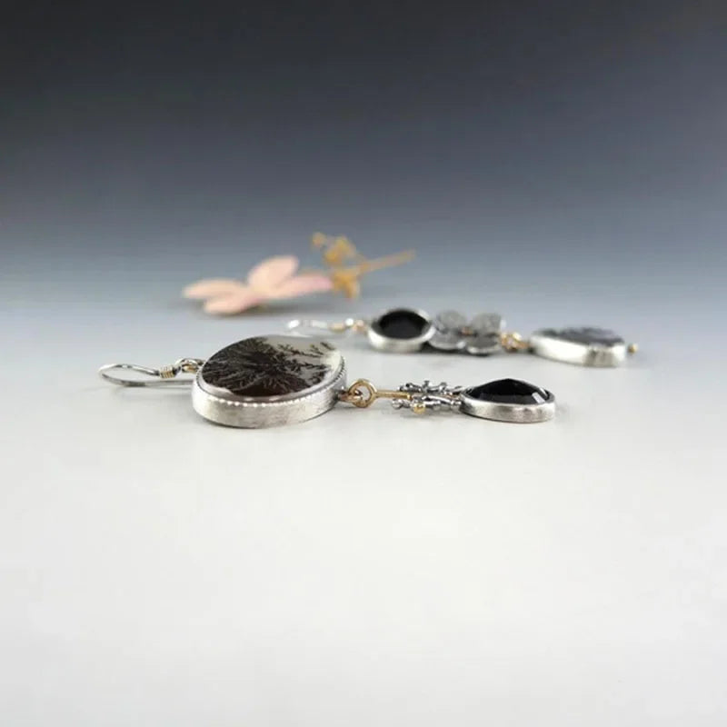 Nature Print Asymmetrical Water Drop Flower Black Stone Alloy Earrings