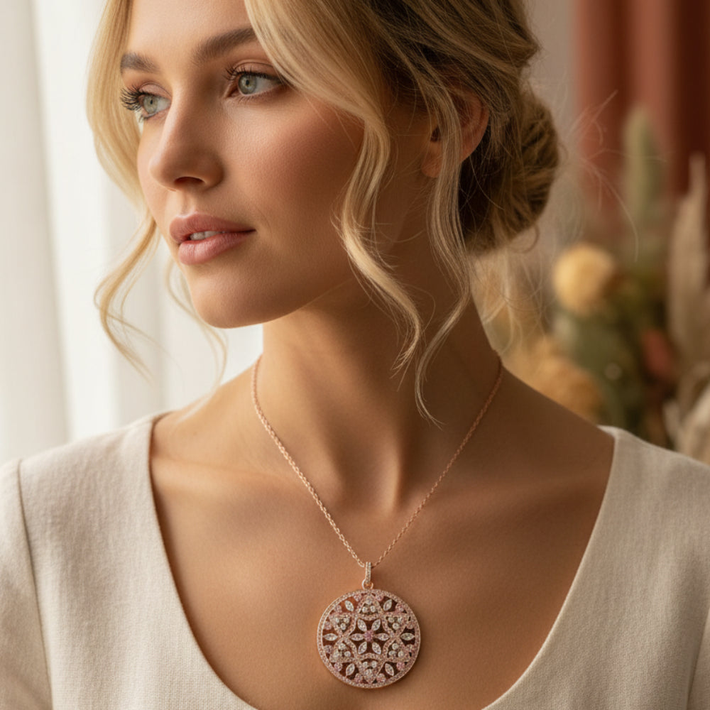 Large Flower Ornament Pendant in Rose Gold Plated 925 Sterling Silver with Sparkling Zircons