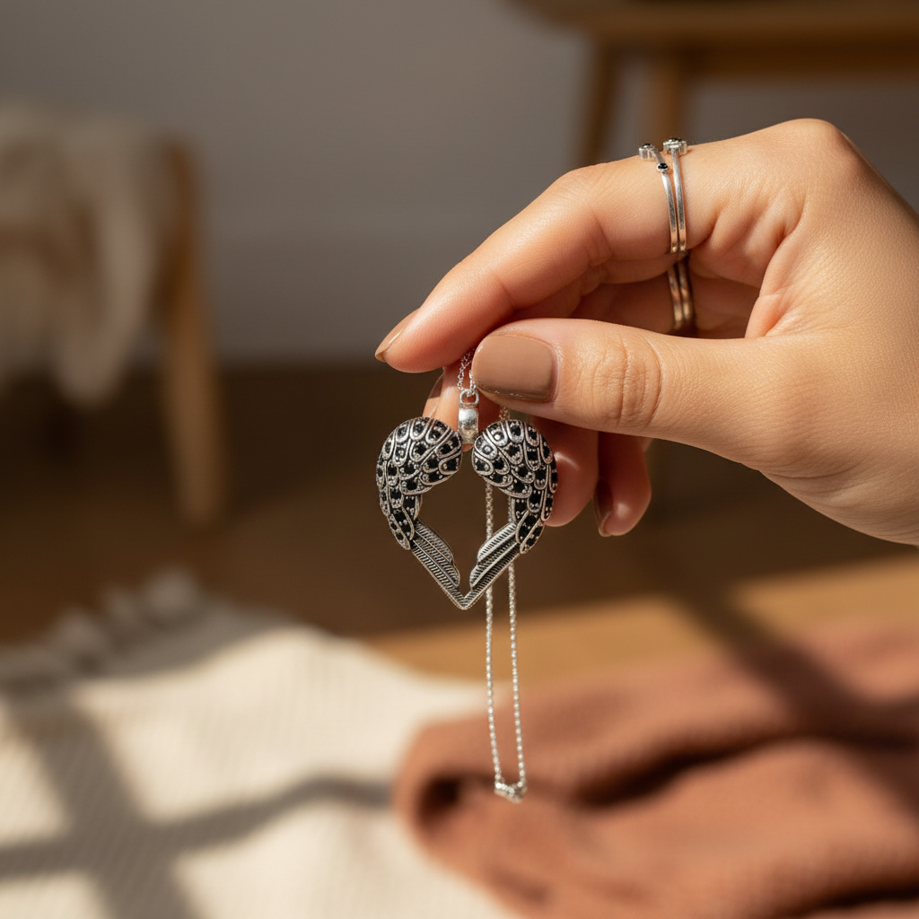 Wings Heart Pendant in 925 Sterling Silver with Black Zircons