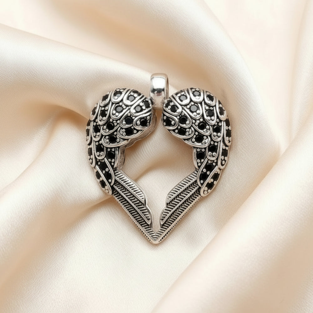 Wings Heart Pendant in 925 Sterling Silver with Black Zircons