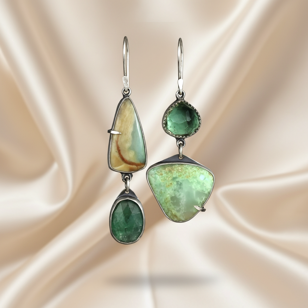 White Gold Plated Copper Green Stone Earrings - Boho, Asymmetric, Vintage Inspired