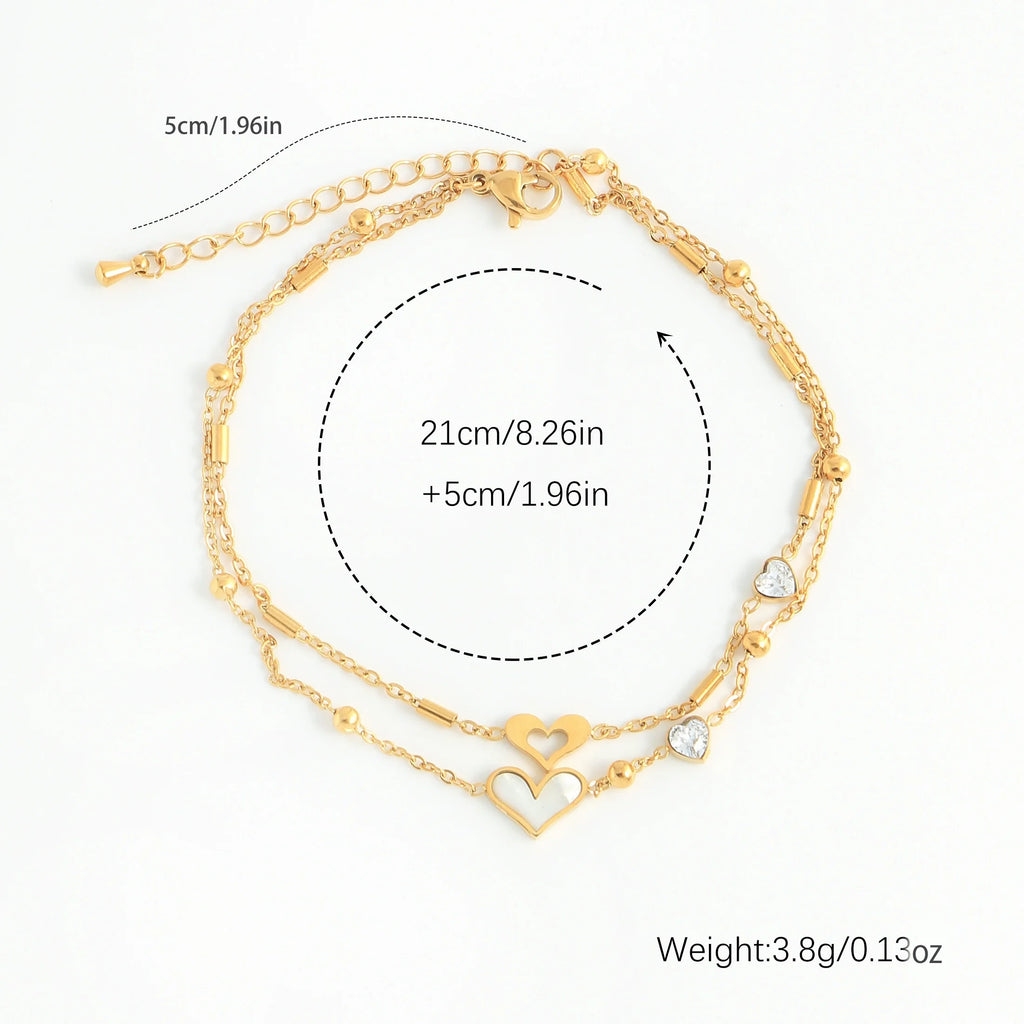 Gold Tone Stainless Steel Clover Crystal Hearts Anklet
