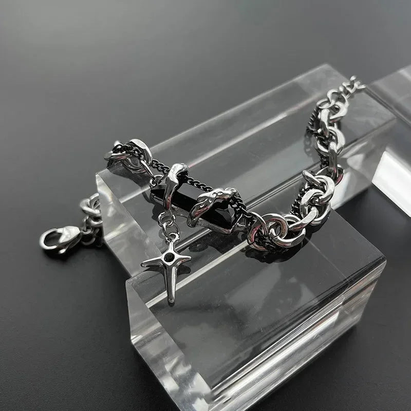 Retro Black Zircon Star Chain Stainless Steel Punk Bracelet