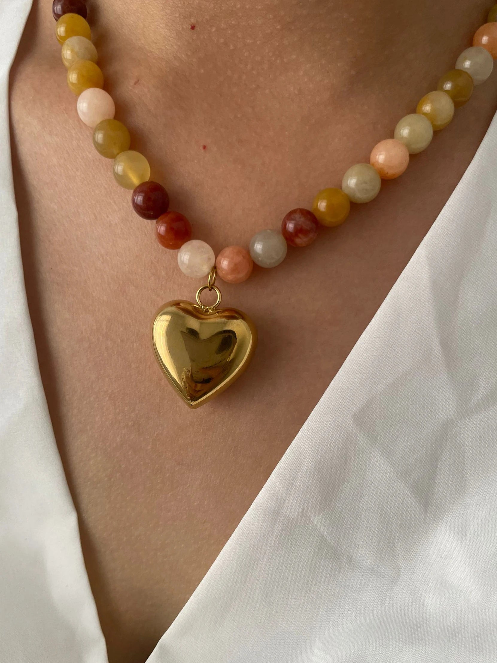 18K Gold Plated Steel Necklace - Boho Brown/Orange Natural Stone Handmade Beaded