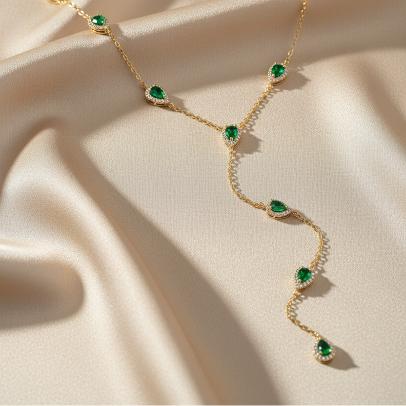 Long Gold-Plated Copper Necklace with Cubic Zirconia Stones